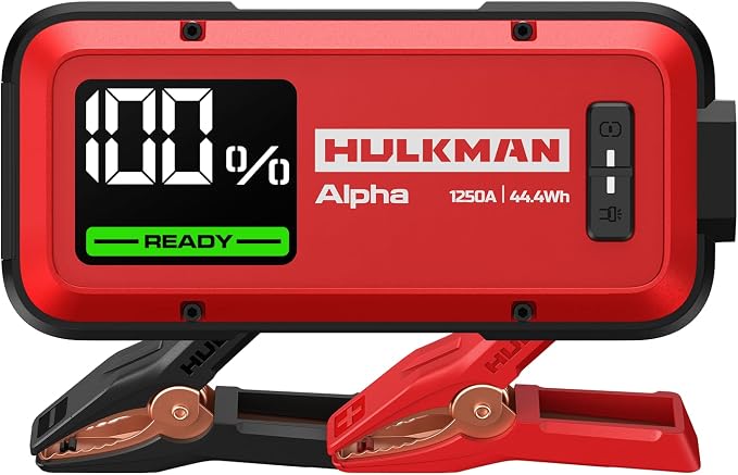 Hulkman Alpha Ultra Red, 1250A 44.4Wh Jump Starter, Power Without the Bulk, Car Battery Jump Starter & Jump Box with 2.9" Smart Display, 50-Min Full Charge, Jumper Cables for 7.0L Gas/4.0L Diesel