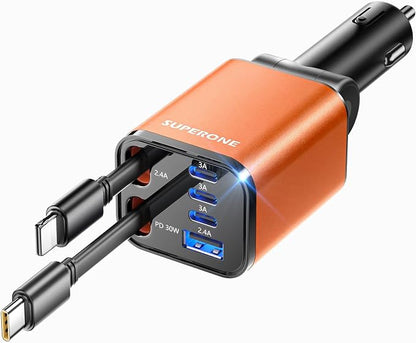 [Upgraded] 6 in 1 Retractable Car Charger, SUPERONE Smaller Fast Car Phone Charger 99W with Cord, USB C and iPhone Car Charger Adapter, Compatible iPhone 17/17 Pro Max/16/15/14/13/12/11, Sumsung