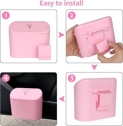 Accmor Car Trash Can with Lid, 2 Pack Pink Mini Vehicle Trash Bin Dustbin Garbage Organizer Holder with Trash Bag, Small Hanging Leakproof Auto Storage Bag Container for Car SUV Home Office