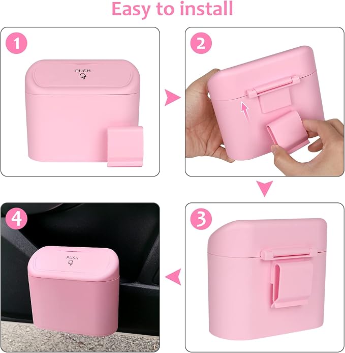 Accmor Car Trash Can with Lid, Vehicle Trash Bin Car Dustbin Garbage Organizer Holder with One Roll Trash Bag, Portable Hanging Mini Leakproof Cars Storage Bag Container for Auto, SUV, Office (Pink)
