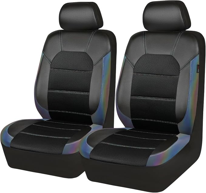 CAR PASS Leather Car Seat Covers Front Seats only, with Air Mesh Front Seat Covers Breathable, Cool Automotive Seat Covers 2 Pack, Universal Fit Most Cars,SUV,Truck,Van Airbag Compatible(Iridescent)