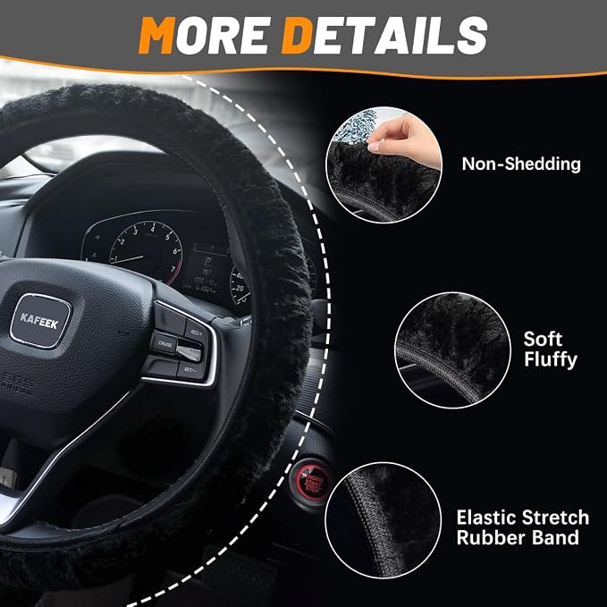 KAFEEK Elastic Long Microfiber Plush Steering Wheel Cover for Winter Warm, Universal 15 inch, Anti-Slip, Odorless, Black