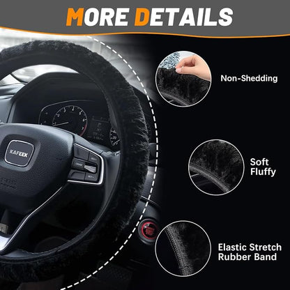 KAFEEK Elastic Long Microfiber Plush Steering Wheel Cover for Winter Warm, Universal 15 inch, Anti-Slip, Odorless, Black