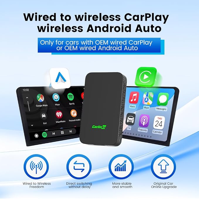 CarlinKit 5.0 Wireless Android Auto & Apple CarPlay Adapter - Fast & Stable USB Dongle for Factory Wired CarPlay Cars - Plug&Play, Easy Setup