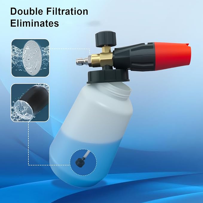 Adjustable Foam Cannon – 1/4 Inch Quick Connect, 1L (34 oz) Bottle, 5 Spray Nozzle Tips for Car Wash