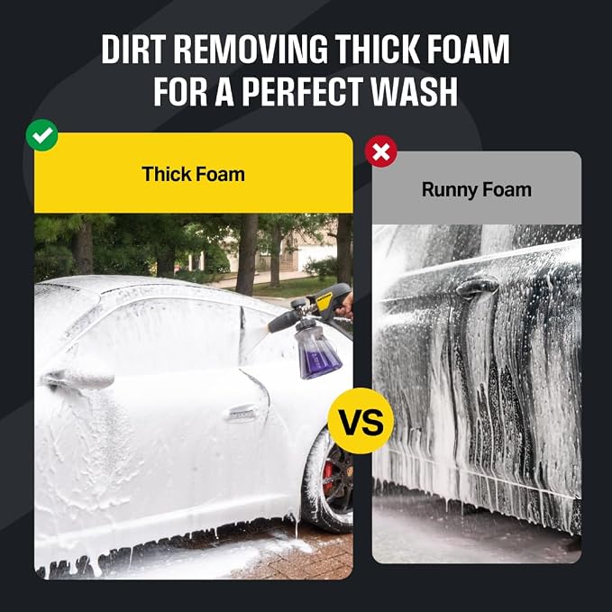 Active Foam Cannon with ¼ inch quick connector for Electric and Gas Pressure Washers. Wide-mouth bottle and variable spray to generate thick snow foam spraying for home DIY car wash & detailing (JH70)