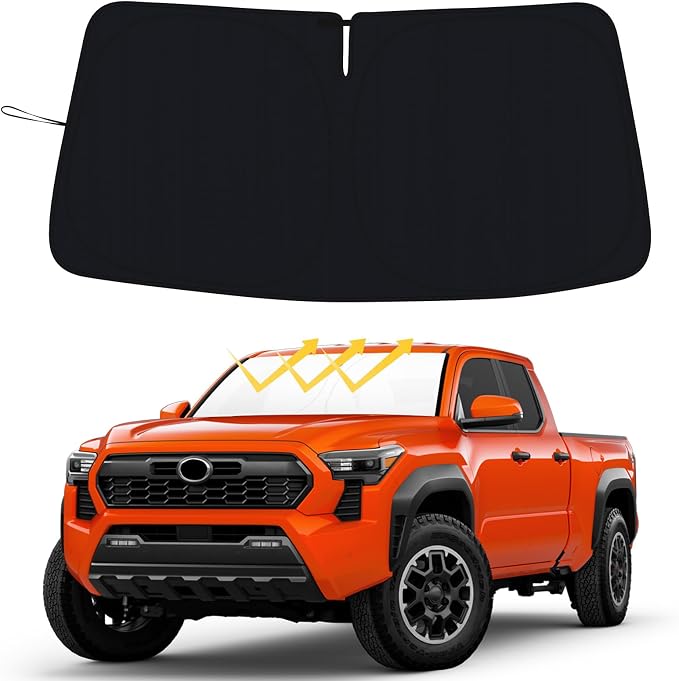 Windshield Sun Shade for 2024 2025 2026 Toyota Tacoma Accessories Custom Fit Pickup Foldable Front Window Sun Visor 310T Thickened UV Heat Insulation Protection Keep Cool