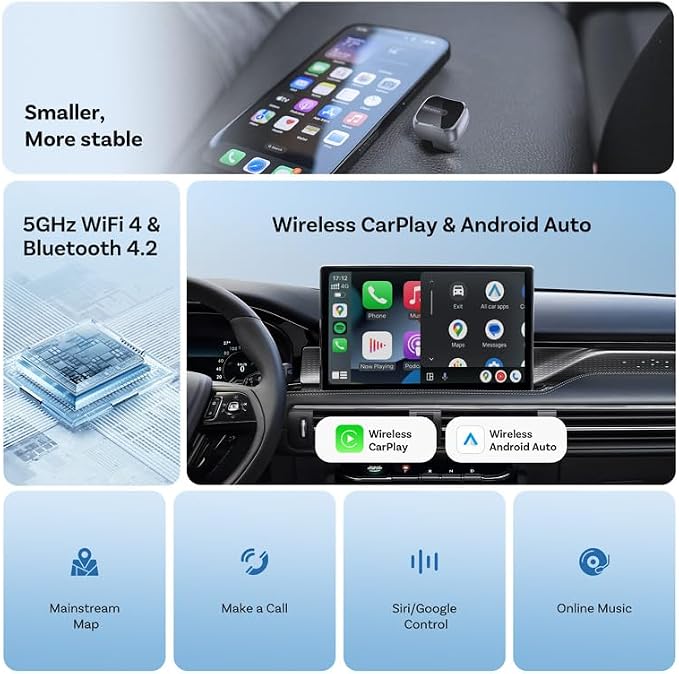 Upgraded Wireless CarPlay Adapter for OS 10+ or Android 11, Mini Wired to Wireless Adapter for CarPlay ＆Android Auto, Plug and Play, Stable Connection & No Latency