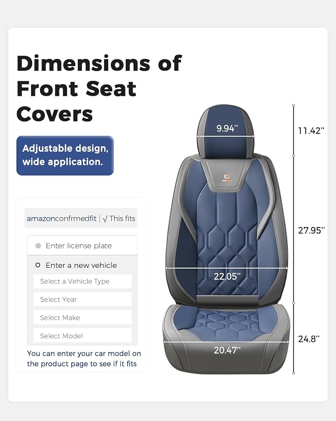 Huidasource Front Seat Covers, Universal Fit for Most Cars SUV Trucks, Full Coverage Leather Seat Cover, Airbag Compatble, Seat Function Retain, Storage Pocket Design, Easy to Install, Gray & Blue