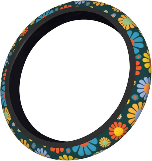 Hippie Flower Steering Wheel Cover, Anti-Slip 15 Inches Car Steering Wheel Cover for Women Men, Neoprene Floral Car Accessories Protective Case for Vehicle Truck SUV
