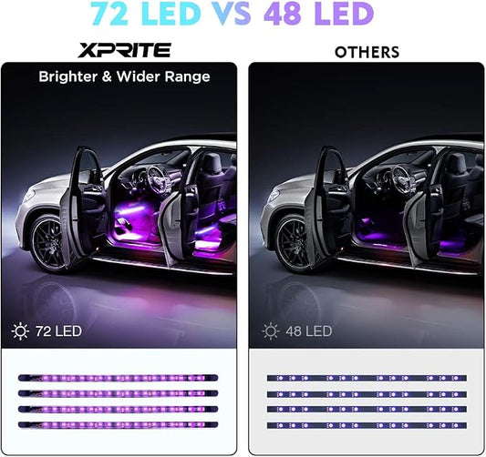 Xprite RGB LED Car Interior Bluetooth Light Strips w/Remote & Control Box, Silicone Sealed, Under Dash Footwell Lights Kit w/Cigarette Adapter for Vehicle Internal SUV Truck - 4 PCS
