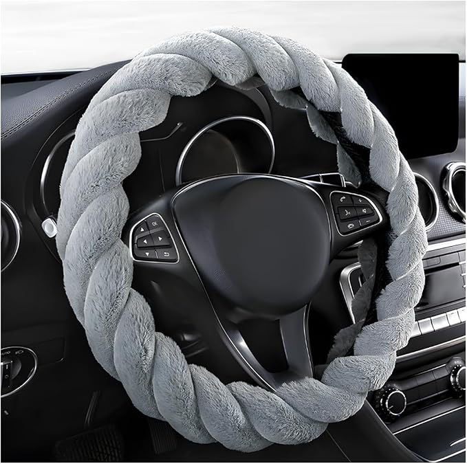 KVAEY Fluffy Car Steering Wheel Cover, 15 Inches Anti-Slip Round Fuzzy Winter Steering Wheel Protector, Soft Warm Plush Steering Wheel Cover for Women Girls, Car Accessories (Gray, Round)
