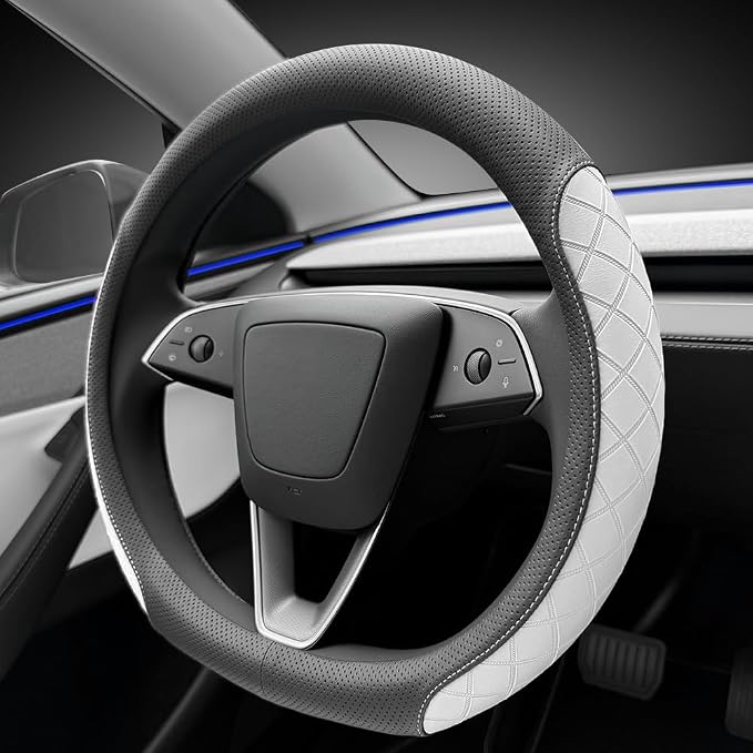 LKWLIKEI Leather Steering Wheel Cover. Elegant Diamond Checkered Design, Non-Slip and Breathable, for Tesla Model 3/Y Steering Wheel Protector,Black White