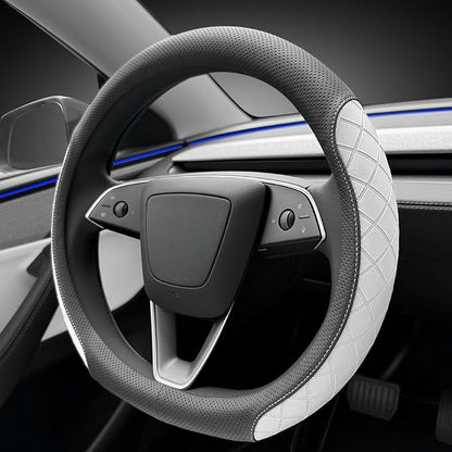 LKWLIKEI Leather Steering Wheel Cover. Elegant Diamond Checkered Design, Non-Slip and Breathable, for Tesla Model 3/Y Steering Wheel Protector,Black White