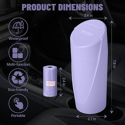 Car Trash Can Bin with Lid-2 Packs Car Garbage Can Cup Holder-Light Purple Mini Leakproof Vehicle Garbage Bin with 40pcs Trash Bags-Automotive Organizers and Storage for Front Back Seat Accessories