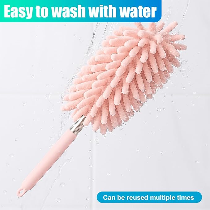 2PCS Car Interior Duster with Extension Pole – Washable Microfiber Dusters Detailing Brushes with Bendable Head, Long Handle Cleaning Duster Tool for Car Dash, Vents, Window, Furniture, Office (Pink)