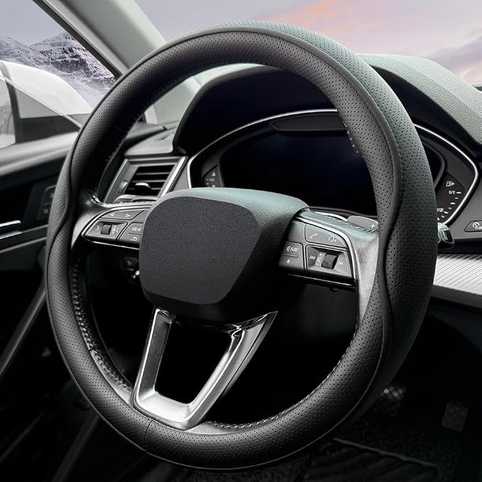 HAOTULE Leather Steering Wheel Cover， with Anti-Slip Stripe Design - Enhanced Grip, Fashion Style, Safe, Non-Slip, Breathable. Upgrade car Interior，Black
