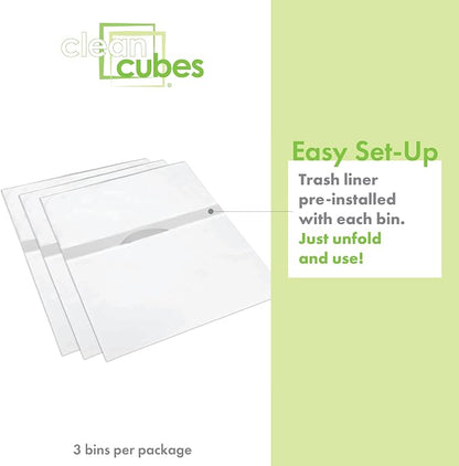 Clean Cubes 4 Gallon Disposable Pop-Up Trash Cans (3-Pack) with Fitted Bags – Foldable Garbage & Recycling Bins for Parties, Events & Kitchen (White, 12" H x 10" W x 8" D)