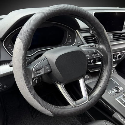 LKWLIKEI Nappa Leather Steering Wheel Cover,Elegant Diamond Checkered Design, Non-Slip wear-Resistant, Enhance Driving Comfort, Suitable for Steering Wheel Diameter 14 1/2‘-15’ Models.Black Gray