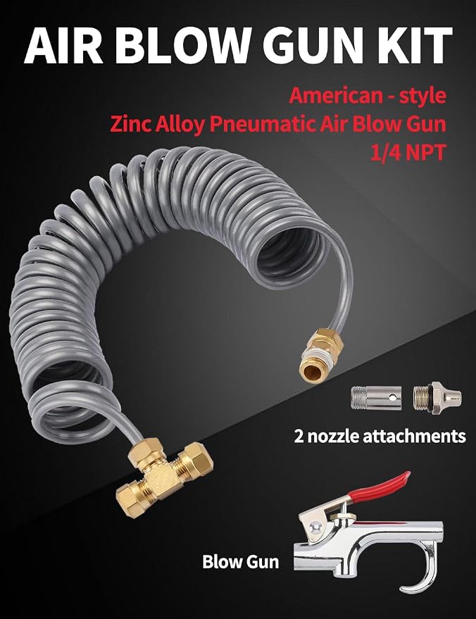 Gray Heavy Duty Air Seat Blow Gun Kit for Truck, 1/4 Inch × 11.5 Feet PU Coil Air Hose, Lever Air Duster Blow Gun Cleaning with 2 Nozzle Tips，Coil Air Hose Brass Compression Fittings Connect