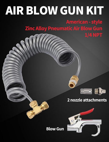 Gray Heavy Duty Air Seat Blow Gun Kit for Truck, 1/4 Inch × 11.5 Feet PU Coil Air Hose, Lever Air Duster Blow Gun Cleaning with 2 Nozzle Tips，Coil Air Hose Brass Compression Fittings Connect