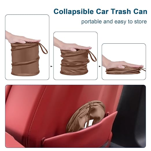 Car Trash Can, 2 Packs Mini Car Garbage Can, Collapsible Trash Bin | Pop-Up Trash Can for Car Front Back Seat, Portable Car Trash Bag Hanging for Vehicle SUV Rv Truck Accessories Interior, Brown