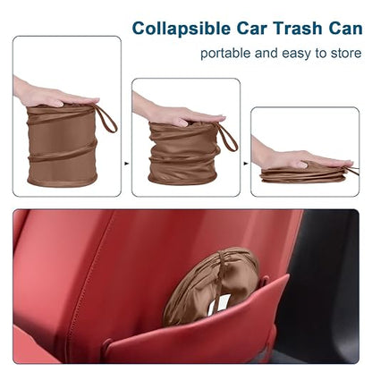Car Trash Can, 2 Packs Mini Car Garbage Can, Collapsible Trash Bin | Pop-Up Trash Can for Car Front Back Seat, Portable Car Trash Bag Hanging for Vehicle SUV Rv Truck Accessories Interior, Brown