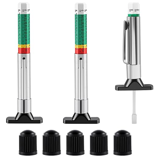 3-Pcs Tire Tread Depth Gauge in 1/32 Inch, Color Coded Tire Depth Gauge with Pocket Clip, Tread Depth Accurate Measurement Tools for Car, Trucks, SUV, Motorcycle, Bike (with 5Pcs Tire Valve Stem Caps)