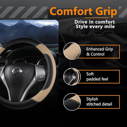 Leather Car Steering Wheel Cover, Non-Slip Car Wheel Cover Protector Breathable Microfiber Leather Universal Fit for Most Cars(Beige)