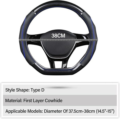 Ergocar Car Steering Wheel Cover Non-Slip Car Steering Wheel Protector Sport D-Shape Carbon Fiber & First Layer Cowhide Universal for Diameter 38cm(15") (D-Black-Blue)