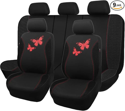 Flying Banner Butterfly car seat Covers ful Set Fashion Universal Lady Woman Female Rear Bench Split Colorized (Full Set, Red Black)