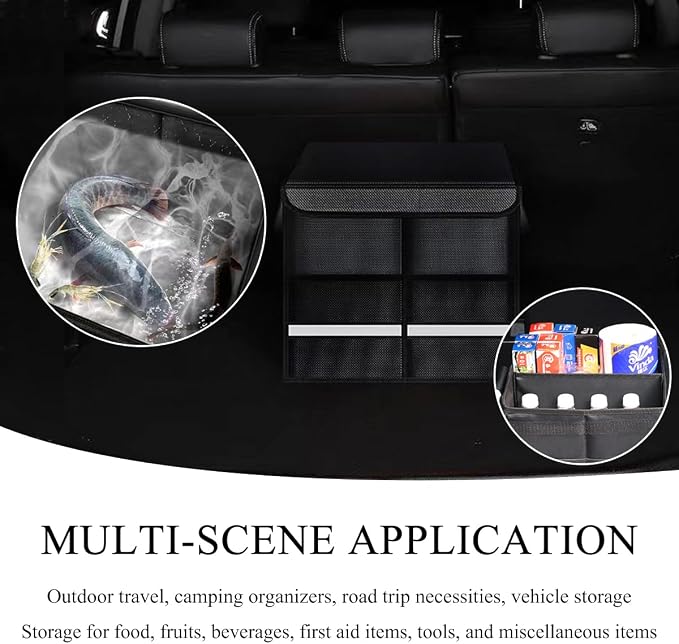 Trunk Organizer With Lid, Collapsible Waterproof Oxford Car Organizer with Aluminum Handle Base Plate, 2-Compartment 28L Sturdy Trunk Cargo Storage Organizer for RV SUV Truck (Black)