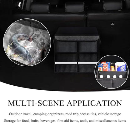 Trunk Organizer With Lid, Collapsible Waterproof Oxford Car Organizer with Aluminum Handle Base Plate, 2-Compartment 28L Sturdy Trunk Cargo Storage Organizer for RV SUV Truck (Black)