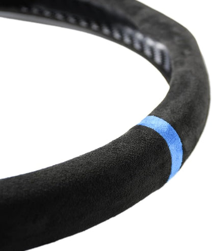 Quick Install Sporty Suede Steering Wheel Cover with Blue Stripe for 14½ to 15 inches Car Sedan Coupe SUV Pickup Steering Wheel 14.5 to 15 inches