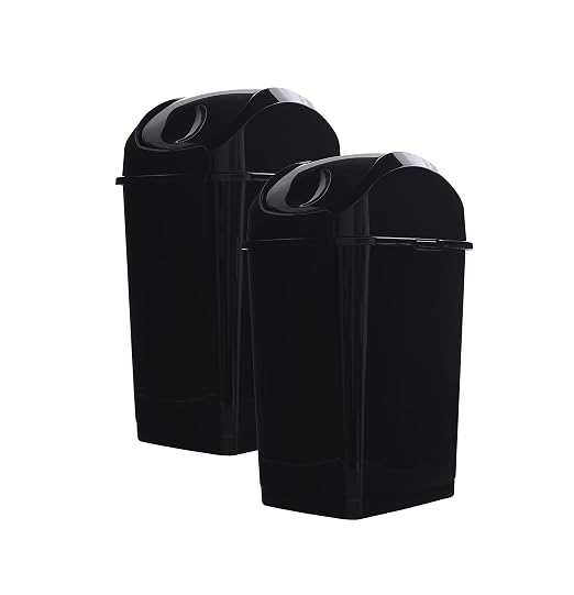 Superio Small 2.5 Gallon Plastic Trash Can with Swing Top Lid, Compact Slim Waste Bin for Under Desk, Office, Bedroom, Bathroom, Dorm Room, 10 Qt. Portable Garbage Can (Black, 2 Pack)