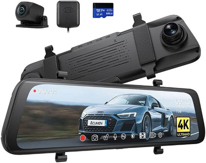 ACUMEN 4K Rear View Mirror Camera XR10 Pro, Smart 10" Touch Screen Mirror Dash Cam Front and Rear, Backup Camera for Cars with WDR, Dash Cam for Cars with GPS, Included 64GB Card (XR10 Pro)