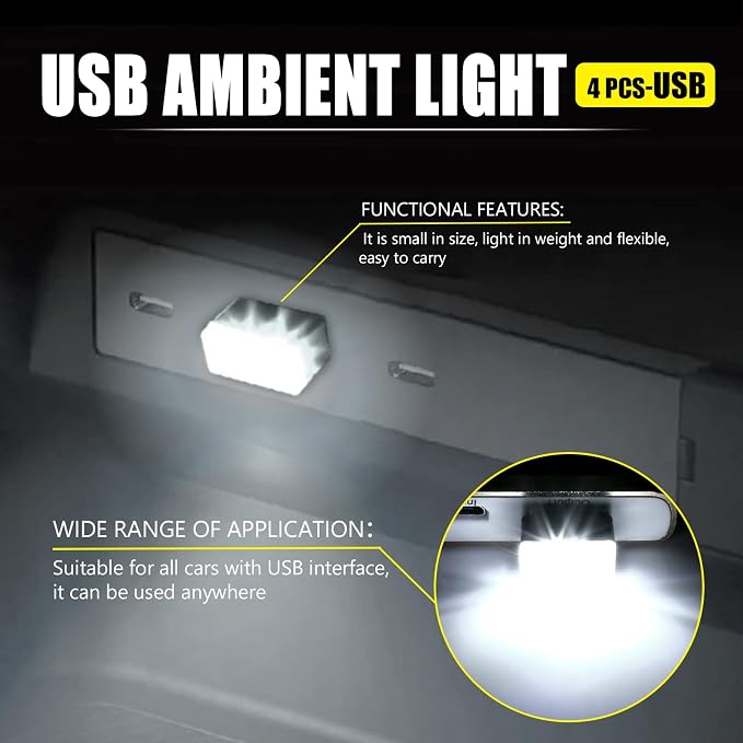 4 PCS USB LED Car Interior Atmosphere Lamp, Portable Mini Auto LED Decor Night Light, Plug-in USB Interface Ambient Lighting Kit, Universal Car Interior Accessories(White)