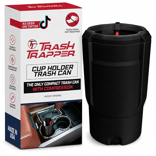 Trash Trapper Car Trash Can Cup Holder | Mini Car Trash Can | Fits in Most Doors | 5.1" x 2.9" | Traps More & Empties Less, Patent-Pending Compaction, 250th Anniversary Edition, Black/Red-White-Blue