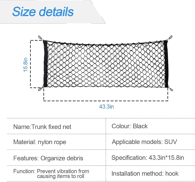 Car Rear Cargo Net, Adjustable Elastic Storage Organizer Net, Trunk Cargo Storage Net, Universal Fit for Car, Vehicle, SUV (43.3"x 15.8")