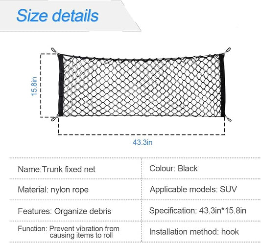 Car Rear Cargo Net, Adjustable Elastic Storage Organizer Net, Trunk Cargo Storage Net, Universal Fit for Car, Vehicle, SUV (43.3"x 15.8")