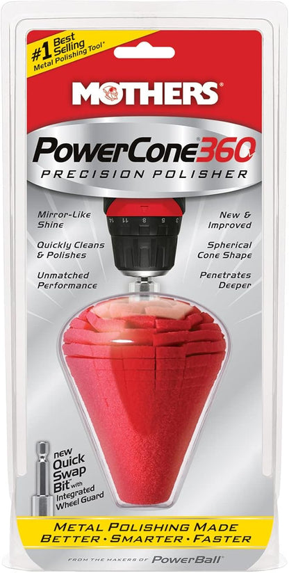 Mothers PowerCone 360, Polishing Tool with Quick Swap Bit — Patented Spherical Cone for Deep, Safe Metal Polishing in Hard-to-Reach Areas — Ideal for Wheels & Curved Surfaces (05146)