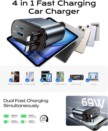 LISEN Retractable Car Charger 4 in 1 for Cars, 69W Retractable USB C Car Charger with 31.5in Cable, Fast Charging for iPhone 17 16 15 14 13 12 Pro Max Plus, Compact Cars Accessories for Daily Driving | Multiple Ports Car Charger, Retractable Car Charge...