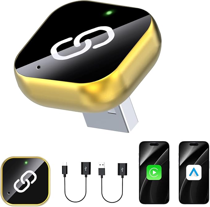 Wireless CarPlay Adapter, 2025 Wireless CarPlay Adapter for iPhone, in Car Accessories, USB and USB C, for IOS10 or Above, for Car Models from 2016 Onwards (Gold)