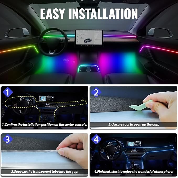 Ambient Lighting Car Led Lights Interior,43.3’’ USB Powered Acrylic Neon Flexible Strip Fiber Optic LED Ambient Lighting Kits with Remote APP, RGB Music Lights Sync for Inside car Dashboard