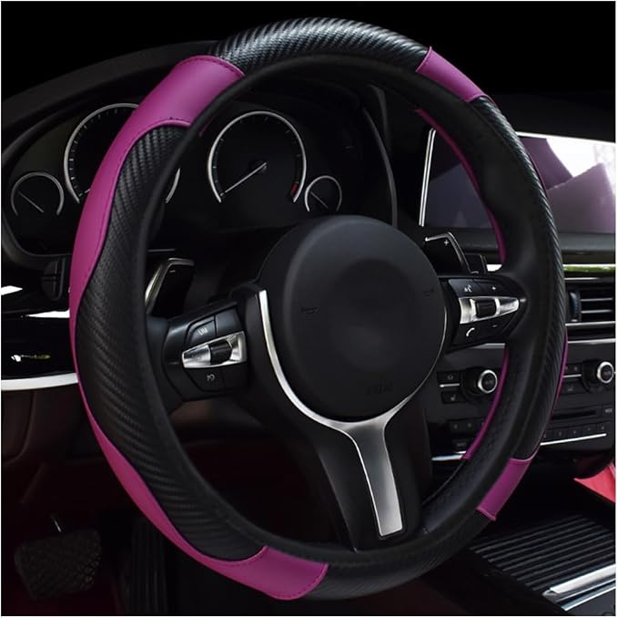 povtii Car Steering Wheel Cover, 15 Inch Leather Breathable Auto Steering Wheel Protector, Comfortable Non-Slip Vehicle Steering Wheel Covers, Universal Interior Car Accessories (Black+Purple)