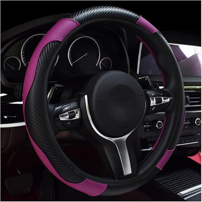 povtii Car Steering Wheel Cover, 15 Inch Leather Breathable Auto Steering Wheel Protector, Comfortable Non-Slip Vehicle Steering Wheel Covers, Universal Interior Car Accessories (Black+Purple)