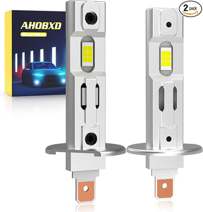 AHOBXD H1 Light Bulbs,6500K White Super Bright Upgraded 600% 30000LM Brightness Real 1:1 Halogen Size 80000Hours Lifespan H1/H1LL Flicker Free and Canbus Free IP68 Waterproof Pack of 2