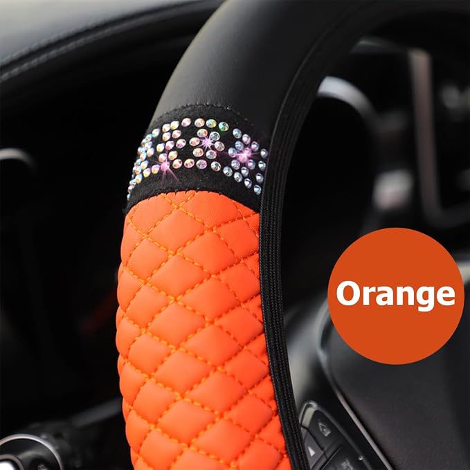 Osilly Bling Car Steering Wheel Cover, 15 Inch Rhinestones Soft Leather Elastic Steering Wheel Protector, Sparkly Crystal Diamond for Women Girls (Orange)