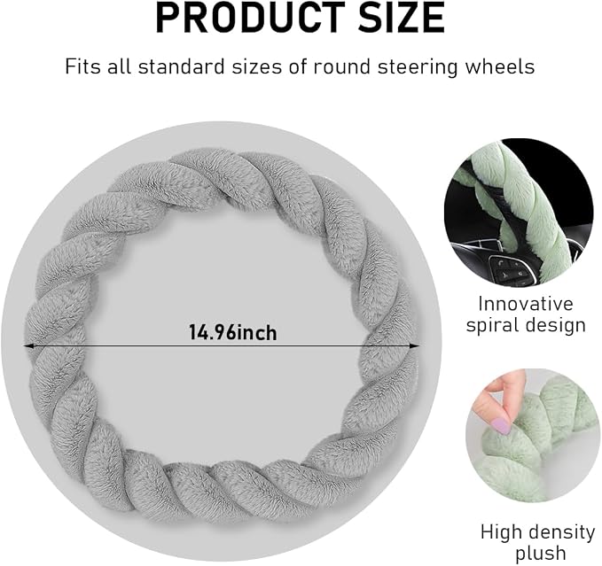 KVAEY Fluffy Car Steering Wheel Cover, 15 Inches Anti-Slip Round Fuzzy Winter Steering Wheel Protector, Soft Warm Plush Steering Wheel Cover for Women Girls, Car Accessories (Gray, D-Shaped)