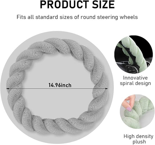 KVAEY Fluffy Car Steering Wheel Cover, 15 Inches Anti-Slip Round Fuzzy Winter Steering Wheel Protector, Soft Warm Plush Steering Wheel Cover for Women Girls, Car Accessories (Gray, D-Shaped)